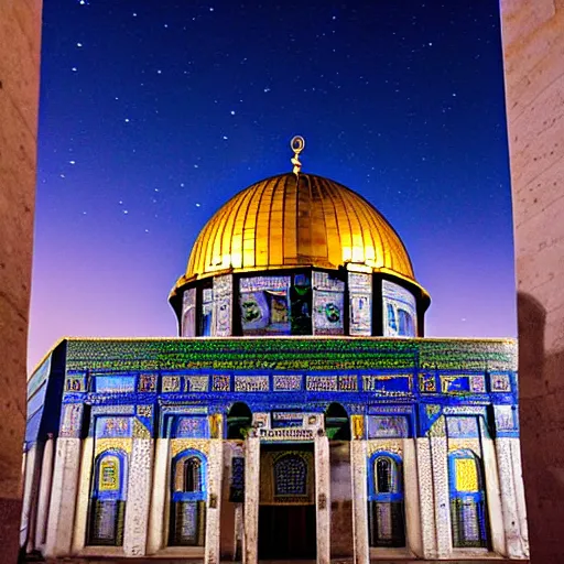 Prompt: dome of the rock, by professional photographer, night sky