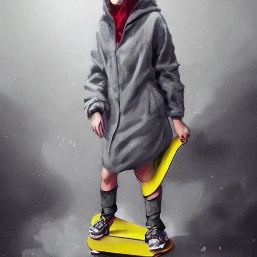 Image similar to a highly detailed epic cinematic concept art CG render digital painting artwork costume design: a girl in a 1950s extremely oversized hoodie and giant 1950s man's coat, with a skateboard. all in grey and yellow. By Greg Rutkowski, Ilya Kuvshinov, WLOP, Stanley Artgerm Lau, Ruan Jia and Fenghua Zhong, trending on ArtStation, made in Maya, Blender and Photoshop, octane render, excellent composition, cinematic atmosphere, dynamic dramatic cinematic lighting, aesthetic, very inspirational, arthouse