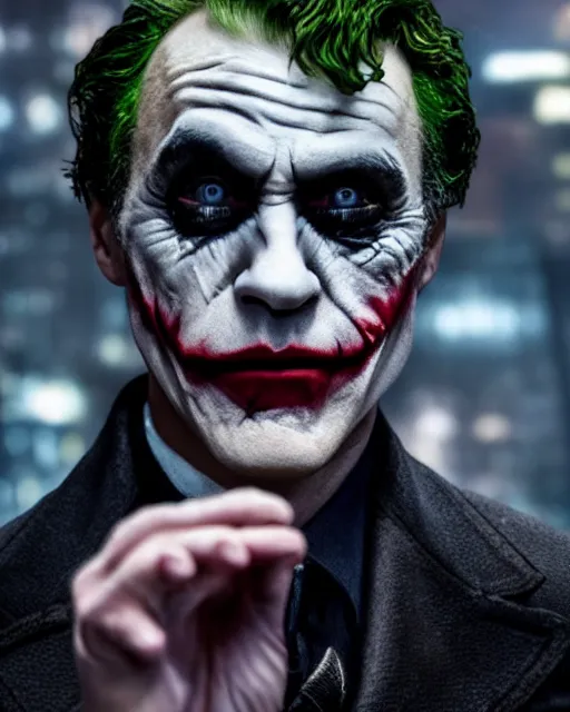 Image similar to Christoph Waltz as The Joker in gotham city, dynamic lighting, realistic, 8k HDR