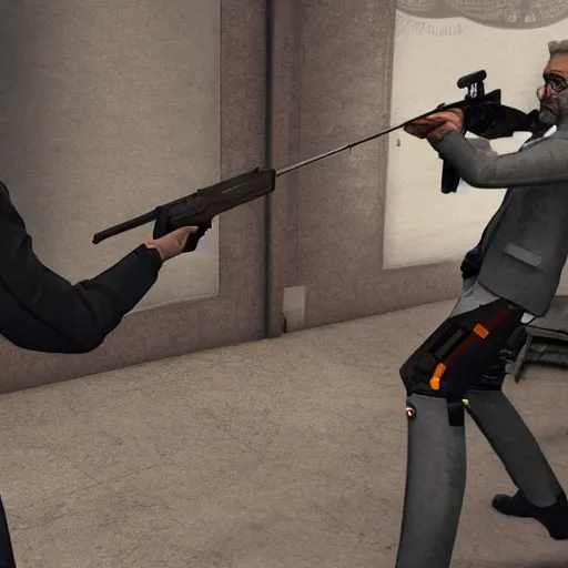 Prompt: gordon freeman vs james bond photorealistic gun fight