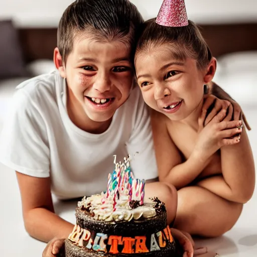 Image similar to an older monkey hugging his younger sister, birthday, cake, hyper realistic