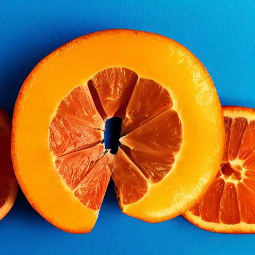 Image similar to A blue orange sliced in half laying on a blue floor in front of a blue wall