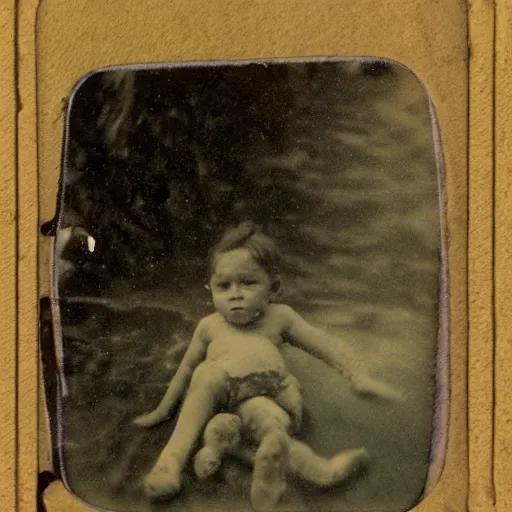 Image similar to tintype photo, swimming deep underwater, kid with huge Bigfoot