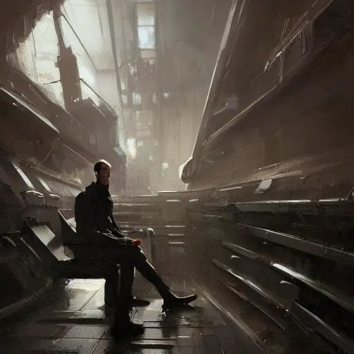 Prompt: concept art by greg rutkowski, a very tall, and slender man with short black hair, sitting with the crew in the ship's bridge, brutalist futuristic interior, dark lighting atmosphere, detailed portraits, nostalgic atmosphere, scifi, digital painting, artstation, concept art, smooth, sharp foccus ilustration, artstation hq