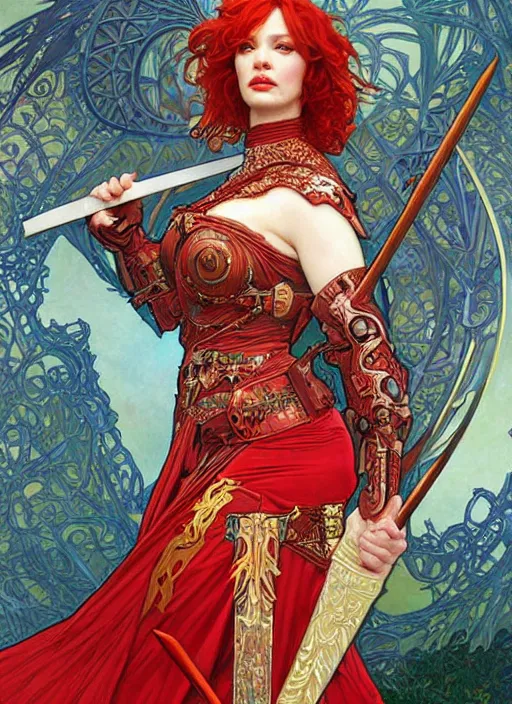Prompt: Christina Hendricks as a beautiful warrior woman, fantasy, intricate, elegant, highly detailed, centered, smooth, sharp focus, bright red, art by artgerm and donato giancola and alphonse mucha