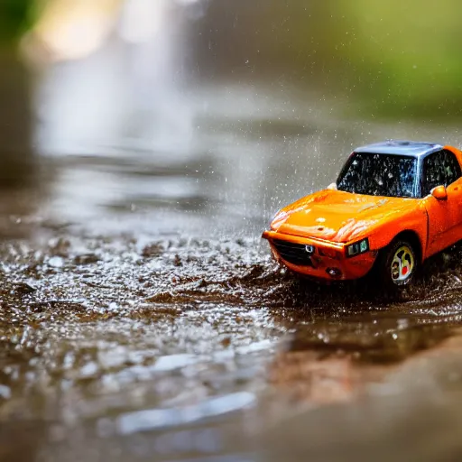 Image similar to macro photography of a toy hot wheels car driving through a creek in the rain, 3 5 mm