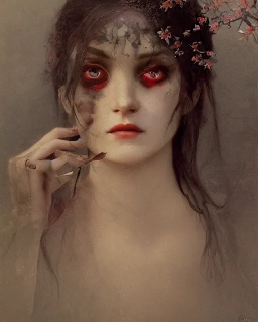 Image similar to a beautiful but sinister and creepy woman in layers of fear, with haunted eyes, violence in her eyes, putting on lipgloss, 1 9 7 0 s, seventies, delicate embellishments, a little blood, woodland, moonlight shining on wildflowers, painterly, offset printing technique, by alexandre cabanel