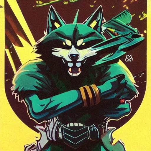 Image similar to 1 9 8 0 s video game art of anthropomorphic wolf o'donnell from starfox fursona furry wolf in a dark space mercenary uniform, looking heroic, magazine scan, 8 0 s game box art, dark grey wolf o'donnell