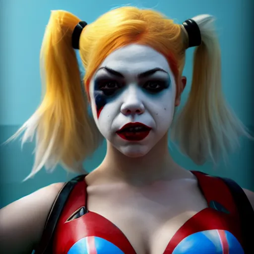 Image similar to detailed photograph of jennette mccurdy as harley quinn, 8 k, by greg rutkowski, artgerm, global illumination