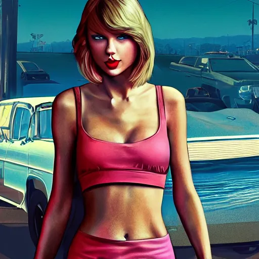 Image similar to Taylor Swift in GTA 5, cover art by Stephen Bliss