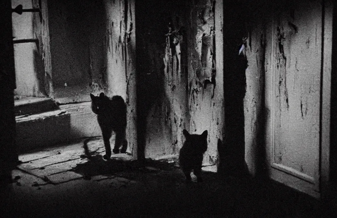 Image similar to wanders in disconsolate disarray half - eaten cat a romantic approach gun camera footage intact flawless ambrotype from 4 k criterion collection remastered cinematography gory horror film, ominous lighting, evil theme wow photo realistic postprocessing 8 k hyper real photo imax rectilinear lens pieter s aenredam