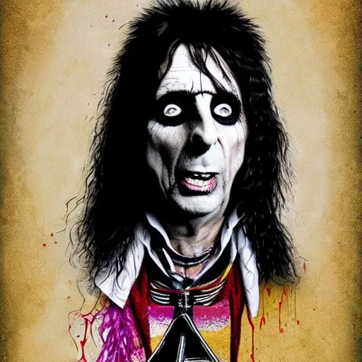 Image similar to graphic illustration, creative design, alice cooper as a nun, biopunk, francis bacon, highly detailed, hunter s thompson, concept art, mixed media