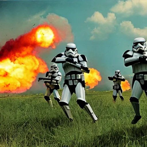Image similar to star wars clone troopers combat soldiers in vietnam, photo, old picture, lush landscape, field, firearms, explosions, x wing fighters, aerial combat, active battle zone, flamethrower, air support, jedi, land mines, gunfire, violent, star destroyers, star wars lasers, sci - fi, jetpacks, agent orange, bomber planes, smoke, trench warfare