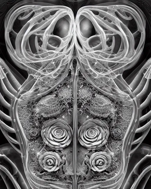 Image similar to mythical dreamy black and white organic bio-mechanical spinal ribbed profile face portrait detail of translucent steampunk beautiful female angelic-human-queen-vegetal-cyborg, highly detailed, intricate trnaslucent ivy jelly ornate, poetic, translucent roses ornate, 3D render, digital art, octane render, 8K artistic photography, photo-realistic, by Dora Maar