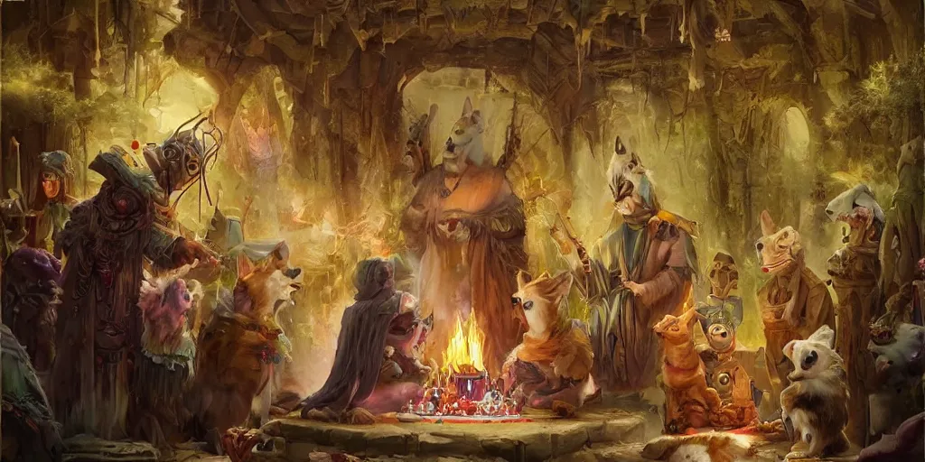 Image similar to beautiful painting of fantasy corgi cult leader doing sacrificial ceremony, by James Gurney and Greg Rutkowski. trending on Artstation, 8k, masterpiece, graffiti paint, fine detail, full of color, intricate detail, golden ratio illustration, corgi