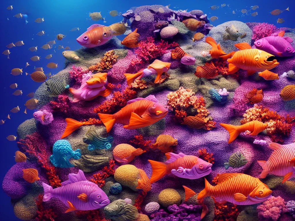 Image similar to a sculpture of fish ocean intertwined, diode lighting, a lovely cornucopia of flowers and human body parts, body parts, highly detailed, octane render, cinematic, sharp focus, clean, studio lighting, sunset, great barrier reef, up than sea level