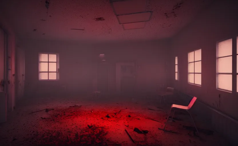 Prompt: an abandoned hospital room with red ceiling lighting and several blue lights on the walls, gloomy and foggy atmosphere, octane render, artstation trending, horror scene, highly detailded