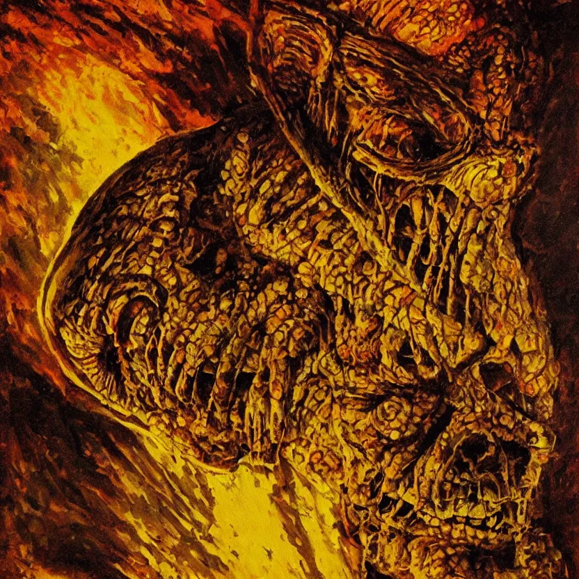 Prompt: close - up view of a reptile mummy emerging from a glowing ancient tomb. pulp sci - fi horror by basil gogos. tim jacobson. emsh. sharp focus. highly detailed painting. dark background