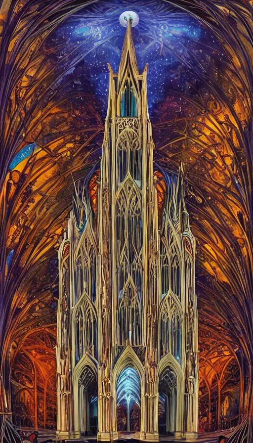 Image similar to The gothic cathedral of endless dreams, italian futurism, Dan Mumford, da vinci