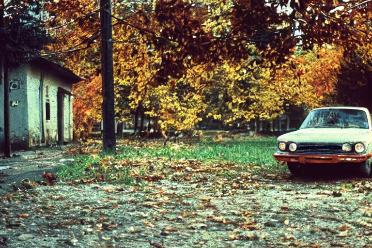 Image similar to a lomographic photo of old lada 2 1 0 7 standing in typical soviet yard in small town, autumn, cinestill, bokeh