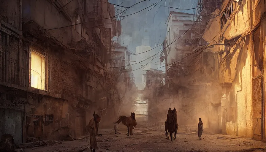 Image similar to old jeddah city alley, roshan, old shops, horse, magical glowing time portal, a nomad wearing a worn out torn coat, dramatic lighting sci fi, by caspar david friedrich by beeple and james gilleard and justin gerard, centered, artstation, smooth, sharp focus, photoreal octane render, 3 d, by jean baptiste monge