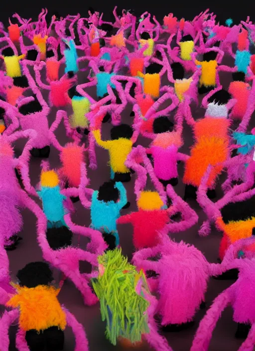 Image similar to group of giant sakura-colored people dancing made out of fluffy pipecleaners in the style of Jean-Michel Basquiat, 3D cinematic lighting, spotlight at a 90 DEGREE ANGLE, photorealism, octane render, depth of field, 8k, 35mm, artgem, Trending on artstation