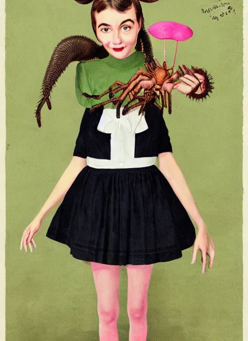 Image similar to portrait of a girl whose head is a comically large tarantula and whose body is dressed in a 1950s school dress, inspired by Mark Ryden and Marion Peck, hints of Cronenberg