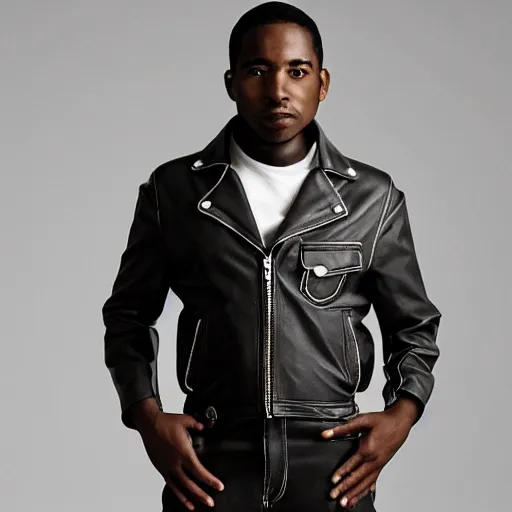 Prompt: black man with short hair wearing a leather jacket over overalls, retrofuturist