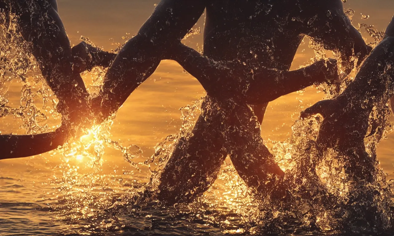 Prompt: illustration of many highly accurate arms gripping each other by the forearms, at sunset, in the style trending on artstation, cinematic, expressing the idea of teamwork, with water, waves, ocean spray, dramatic lighting