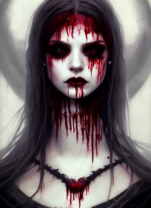 Image similar to beautiful, very very very extreme closeup portrait, bloody, vampire girl, extreme blood, vampire fangs, medieval dress. witch, makeup. unreal engine, greg rutkowski, loish, rhads, beeple, tom bagshaw, alphonse mucha, global illumination, detailed and intricate environment