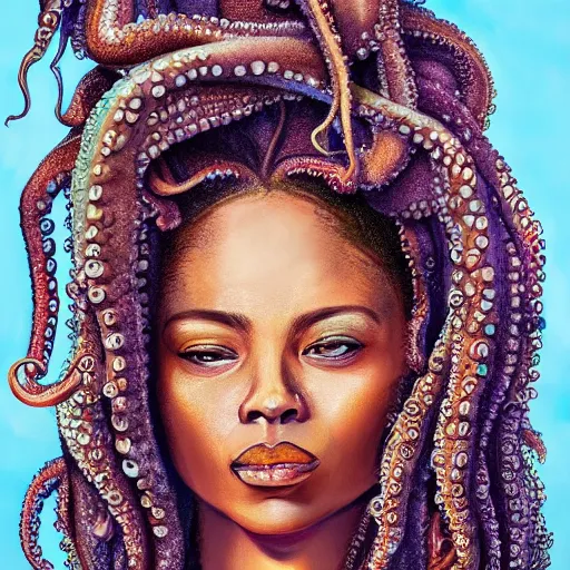 Prompt: rastafari woman with octopus arms as hair, oil on canvas, intricate, elegant, highly detailed, digital painting, realistic shading, cinematic composition, hdr, photorealistic, 8 0 mm, concept art, sharp focus