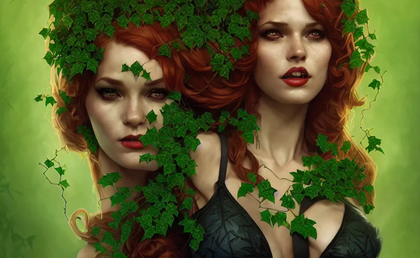 Image similar to poison ivy battle pose Batman wrapped up in vines, illustration, realistic eyes, artstation, cinematic lighting, hyperdetailed, detailed realistic symmetrical eyes, cgsociety, 8k, high resolution, Charlie Bowater, Tom Bagshaw, Norman Rockwell, insanely detailed and intricate, prison background