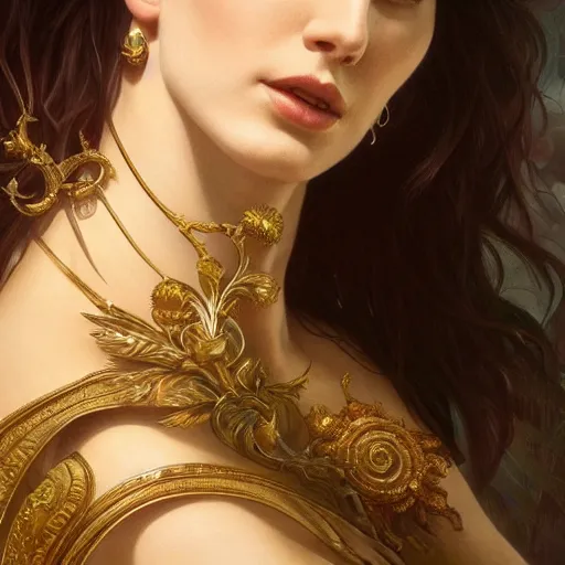 Image similar to perfectly-centered-Portrait of a gorgeous Goddess, The Perfect Human Female Specimen, intricate, elegant, super highly detailed, professional digital painting, artstation, concept art, smooth, sharp focus, no blur, no dof, extreme illustration, Unreal Engine 5, 8K, art by artgerm and greg rutkowski and alphonse mucha and loish and WLOP