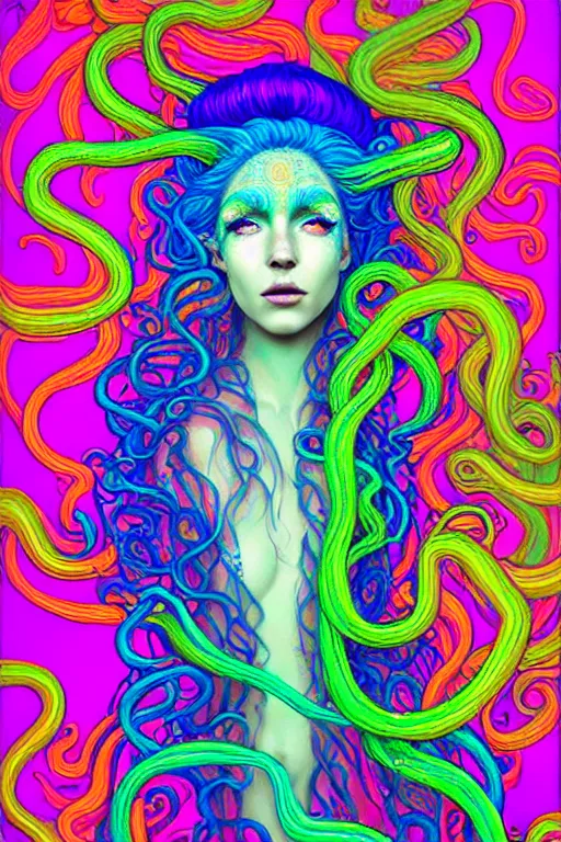 Prompt: A sea goddess with neon tentacles hair having an extremely colorful psychedelic experience, warping time and space, magic mushrooms, psilocybin, LSD, face, detailed, intricate, elegant, highly detailed, digital painting, artstation, concept art, smooth, sharp focus, illustration, art by Krenz Cushart and Artem Demura and alphonse mucha, Octane render, unreal engine, 8K