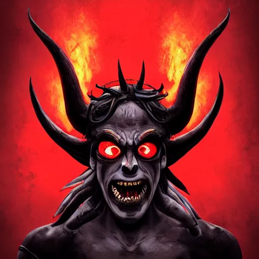 Image similar to the _ devil _ holding _ a _ skull _ red _ horns _ ominous _ fiery _ background _ symmetrical _ detailed _ face _ despair _ highly _ detailed _ high _ resolution _ sandro _ botticel