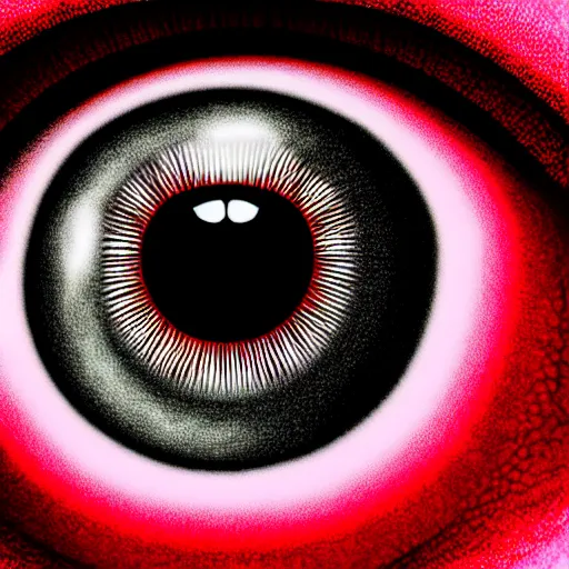 Image similar to a detailed extremely close up of inside the iris, cornea, red image, microscopic, extremely close up drawing by junji ito, cgsociety, generative art, lovecraftian, parallax, cosmic horror, extremely detailed, hyperrealism, unreal engine, octane render, award winning, masterpiece, highly detailed, realistic, 4 k, digital