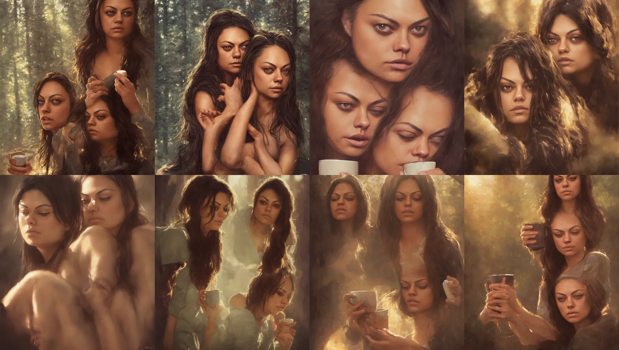 Image similar to close portrait of sleepy mila kunis waking up with coffee, dramatic light, morning golden hour, forest cabin background, 2 0 0 mm focal length, 1 9 7 0 s, painted by stanley lau, painted by greg rutkowski, painted by stanley artgerm, digital art, trending on artstation