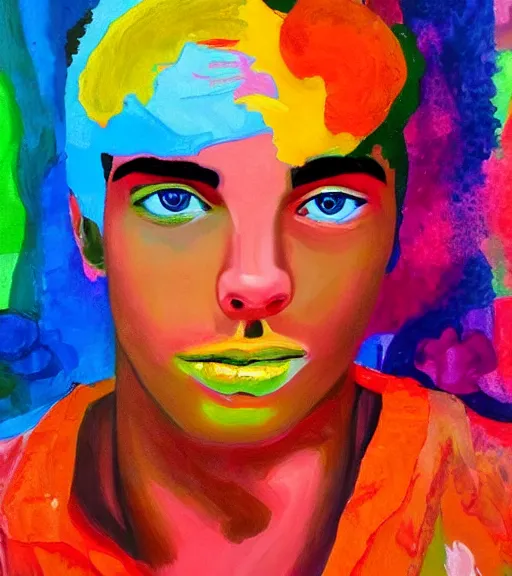 Image similar to a vivid colourful painting of the most handsome young man in the world, seductive, beautiful, perfect.