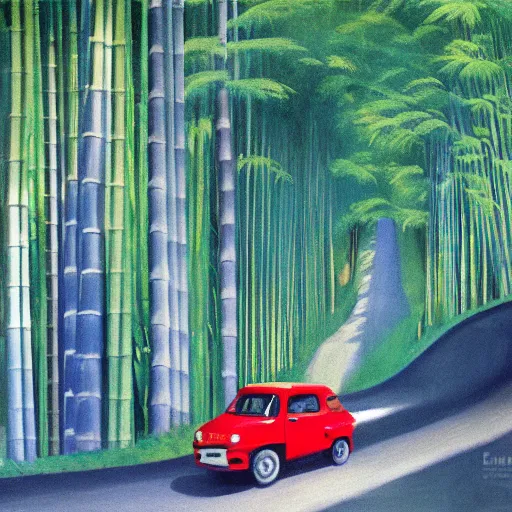 Image similar to a red daihatsu delta truck parked in the apex of a curve with the road surrounded by a canopy of bamboo trees, the shadows of the leaves are proyected onto the road painting by edward hopper