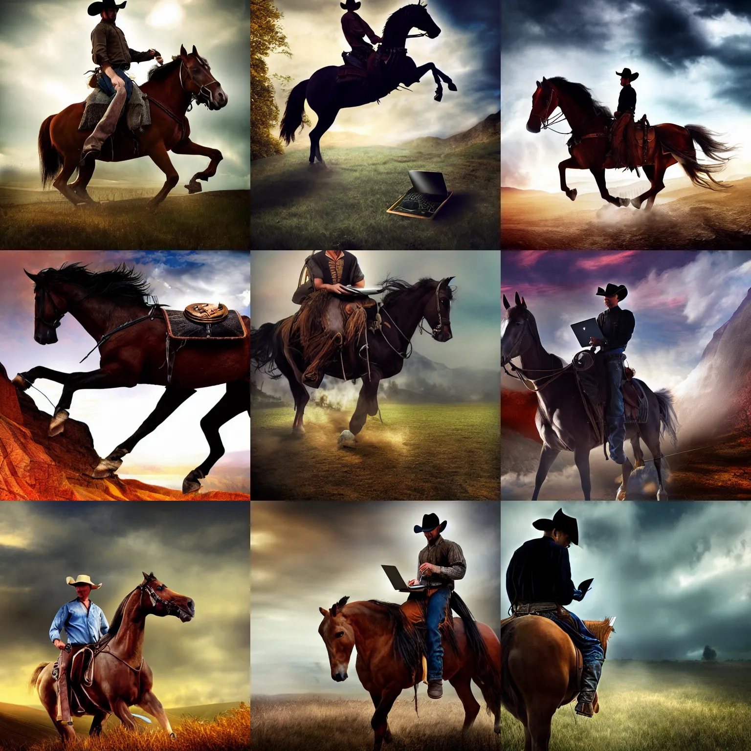 Prompt: fantasy book cover, dramatic shot of a cowboy with personal computer pc laptop riding a horse