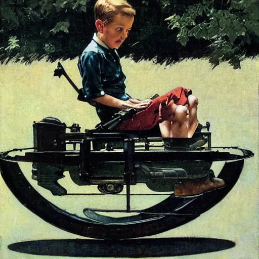 Image similar to a Norman Rockwell painting of a boy driving a hover-car