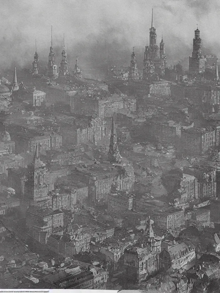 Image similar to a large dieselpunk and steampunk cityscape at dusk in russia during the 1 9 1 0 revolution, kremlin