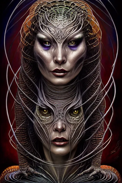 Image similar to single face portrait. complex hyper-maximalist overdetailed cinematic cosmic scifi portrait of an elegant very attractive but wild and dangerous humanoid reptilian goddess by andrei riabovitchev, tomasz alen kopera, oleksandra shchaslyva. Omnious intricate. Secessionist portrait illustration. Poison goddes. Slightly influenced by giger. Zerg human hybrid goddes. Unreal engine 5. Focus on face. Artstation. Deviantart. 8k 4k 64megapixel. Cosmic horror style. Rendered by binx.ly.