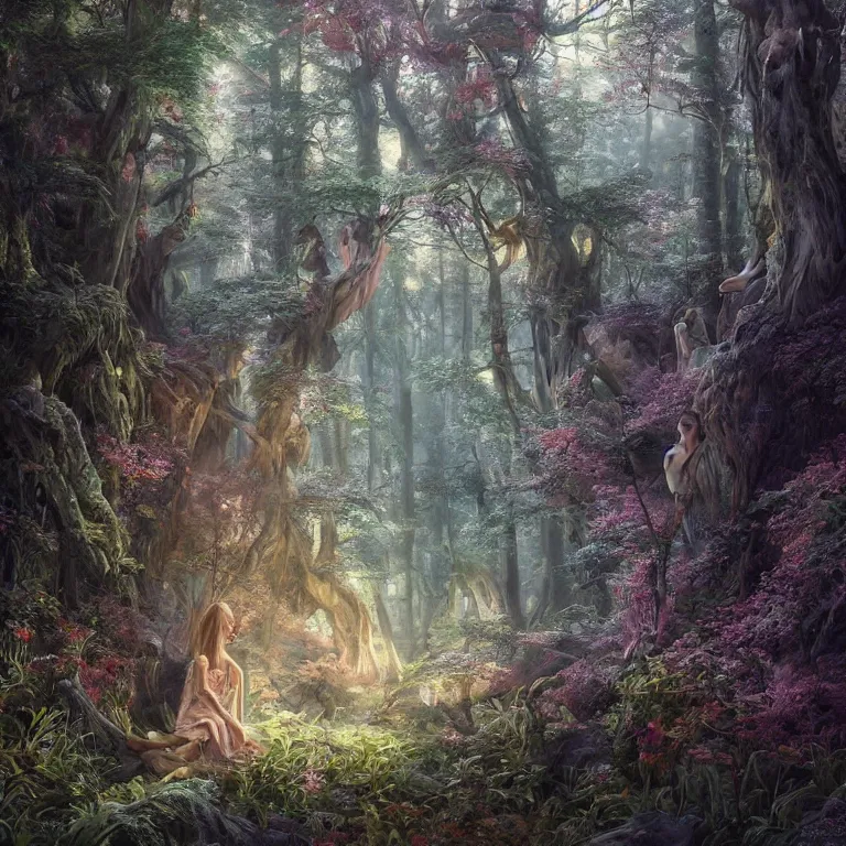 Prompt: a gorgeous view into a magic forest, oil on canvas, intricate, portrait, 8k highly professionally detailed, HDR, CGsociety, illustration painting by Mandy Jurgens and Małgorzata Kmiec and Dang My Linh and Lulu Chen and Alexis Franklin and Filip Hodas and Pascal Blanché and Bastien Lecouffe Deharme, detailed intricate ink illustration, heavenly atmosphere, detailed illustration, hd, 4k, digital art, overdetailed art, concept art, complementing colors, trending on artstation, Cgstudio, the most beautiful image ever created, dramatic, subtle details, illustration painting by alphonse mucha and frank frazetta daarken, vibrant colors, 8K, style by Wes Anderson, award winning artwork, high quality printing, fine art, gold elements, intricate, epic lighting, very very very very beautiful scenery, 8k resolution, digital painting, sharp focus, professional art, atmospheric environment, art by artgerm and greg rutkowski, by simon stålenhag, rendered by Beeple, by Makoto Shinkai, syd meade, 8k ultra hd, artstationHD, 3d render, hyper detailed, elegant, by craig mullins and marc simonetti, Ross Tran and WLOP, by Andrew Wyeth and Gerald Brom, John singer Sargent and James gurney