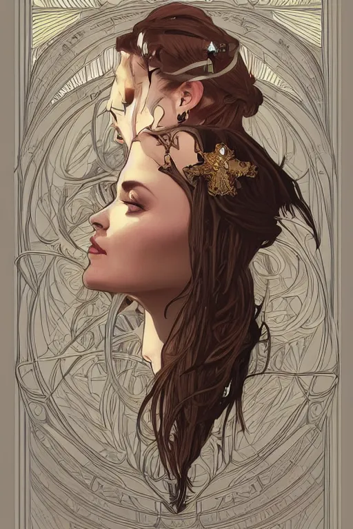 Image similar to high priestess, no noise, elegant, concept art, sharp focus, beautiful face!!, digital art, smooth defined outlines!!, human anatomy, human structure, vector background, by Brom, trending on Artstation, Alphonse Mucha, Tom Bagshaw, Sargent