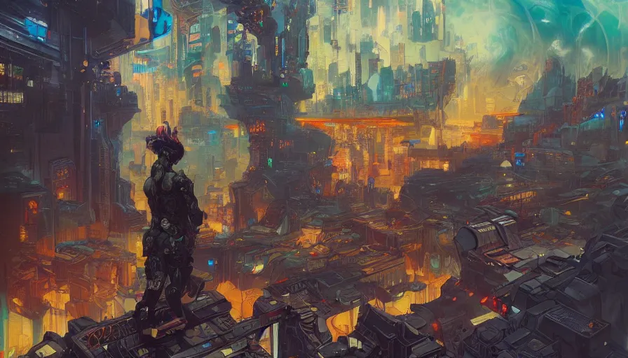 Image similar to psychedelic cyberpunk stylish super soldier in a dark complex scifi vast detailed city, allegorical style, by peter mohrbacher, jeremy mann, francoise nielly, van gogh, ross tran, beautiful, award winning scenery