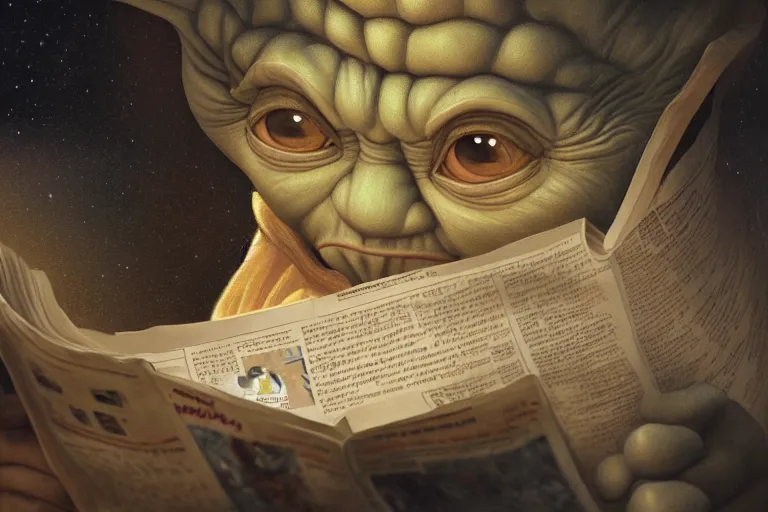 Prompt: a beautiful ultradetailed fine art photo of yoda reading a newspaper in a monastery, by tom bagshaw and zach sutton, backlight, 5 0 mm lens, closeup shot, bokeh, golden ratio composition, sunset golden hour hues, very detailed, artstation, 8 k, highly coherent