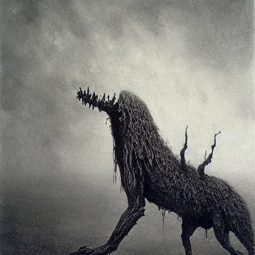 Image similar to fenrir beksinski, eldritch, apocalypse, creepy creature, horror spooky