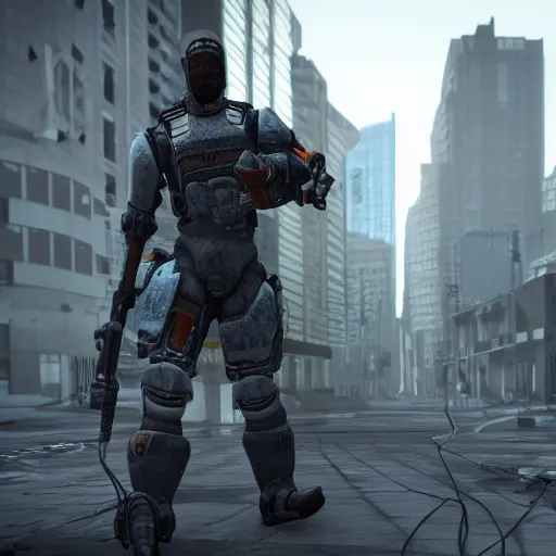 Image similar to cinematic shot of a half-life combine soldier standing in a city, 8k, very intricate, very detailed,