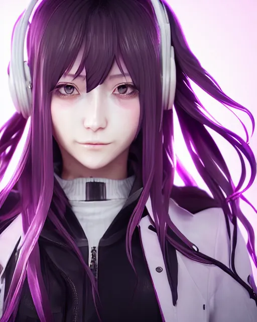 Image similar to beautiful portrait of a woman with pastel long hair with her eyes closed facing the camera with headphones on in the style of a code vein character, momo from twice in code vein in the style of WLOP, artgerm, yasutomo oka, rendered in unreal engine and redshift octane , dynamic dramatic lighting, soft lighting, imagine fx, artstation, cgsociety, by Bandai Namco artist, background is surrounded by epic neon glitch effect digital art